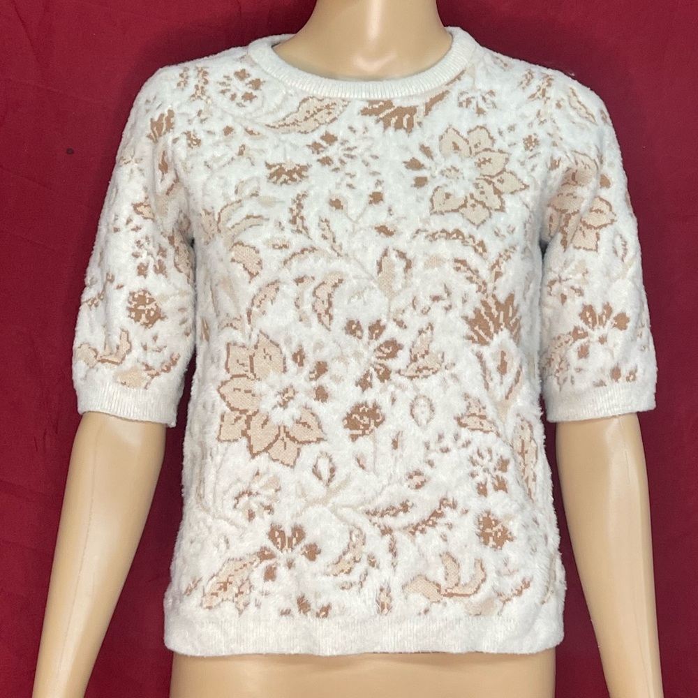 Rachel Zoe Retro 50s Inspired Short Sleeve Sweater Floral Knit Top Size Small